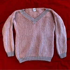 Simons TWIK Pink Chunky Knit V-Neck Sweater with Metallic Silver Trim